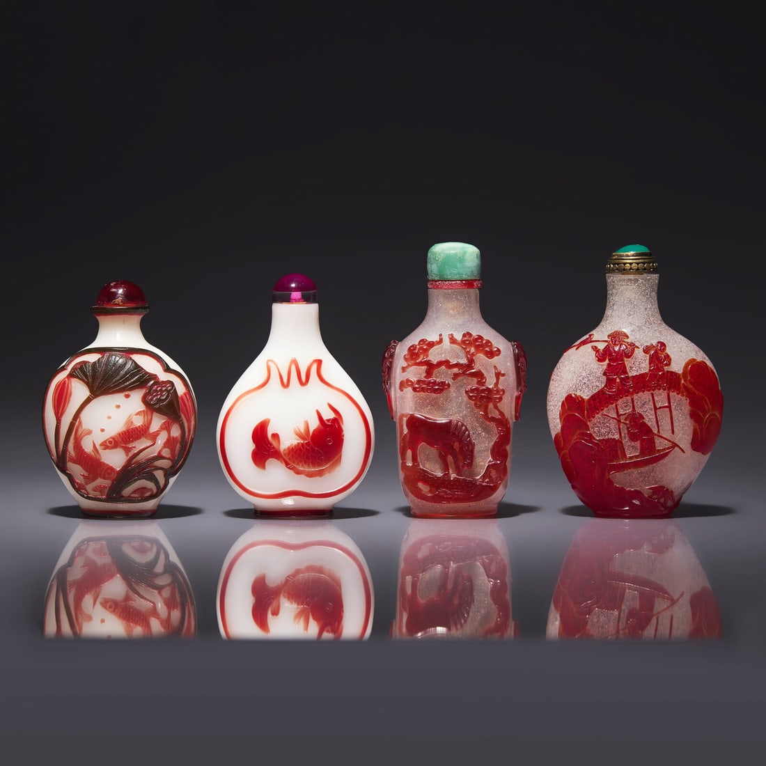 Four Chinese Ruby Red Overlay Glass Snuff Bottles 涅白地套寶石 (1 of 2)