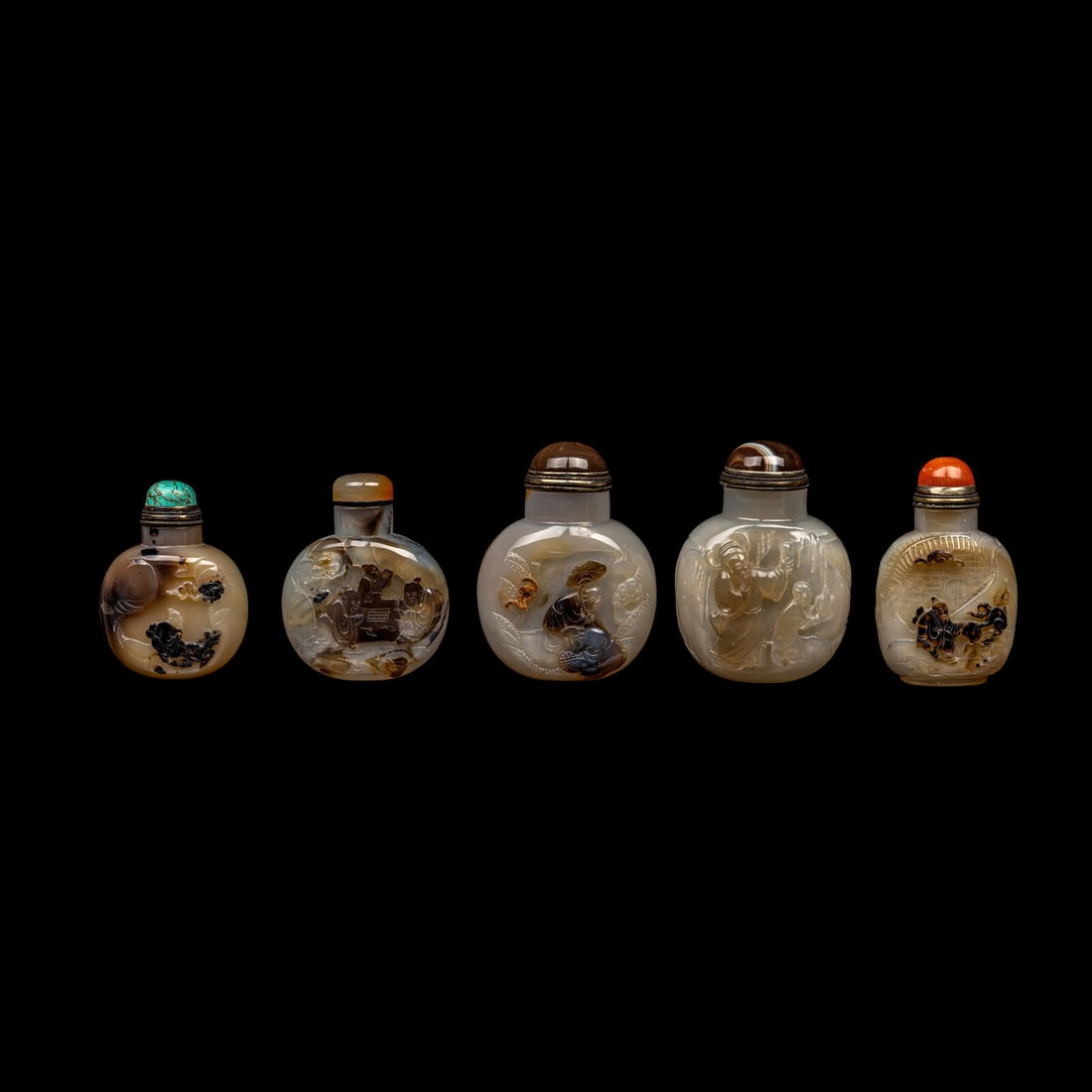 Five Chinese Silhouette Agate Snuff Bottles, 20th Century 近代 瑪瑙巧 (1 of 3)