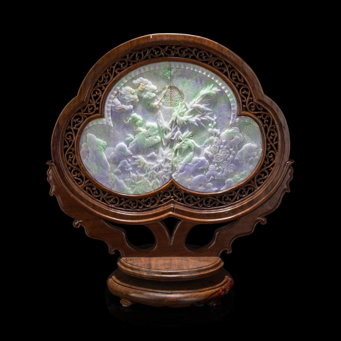 A Large Chinese Incised and Gilt Lavender and Green Jadeite Hardwood Table Screen, 20th Century (1 of 3)