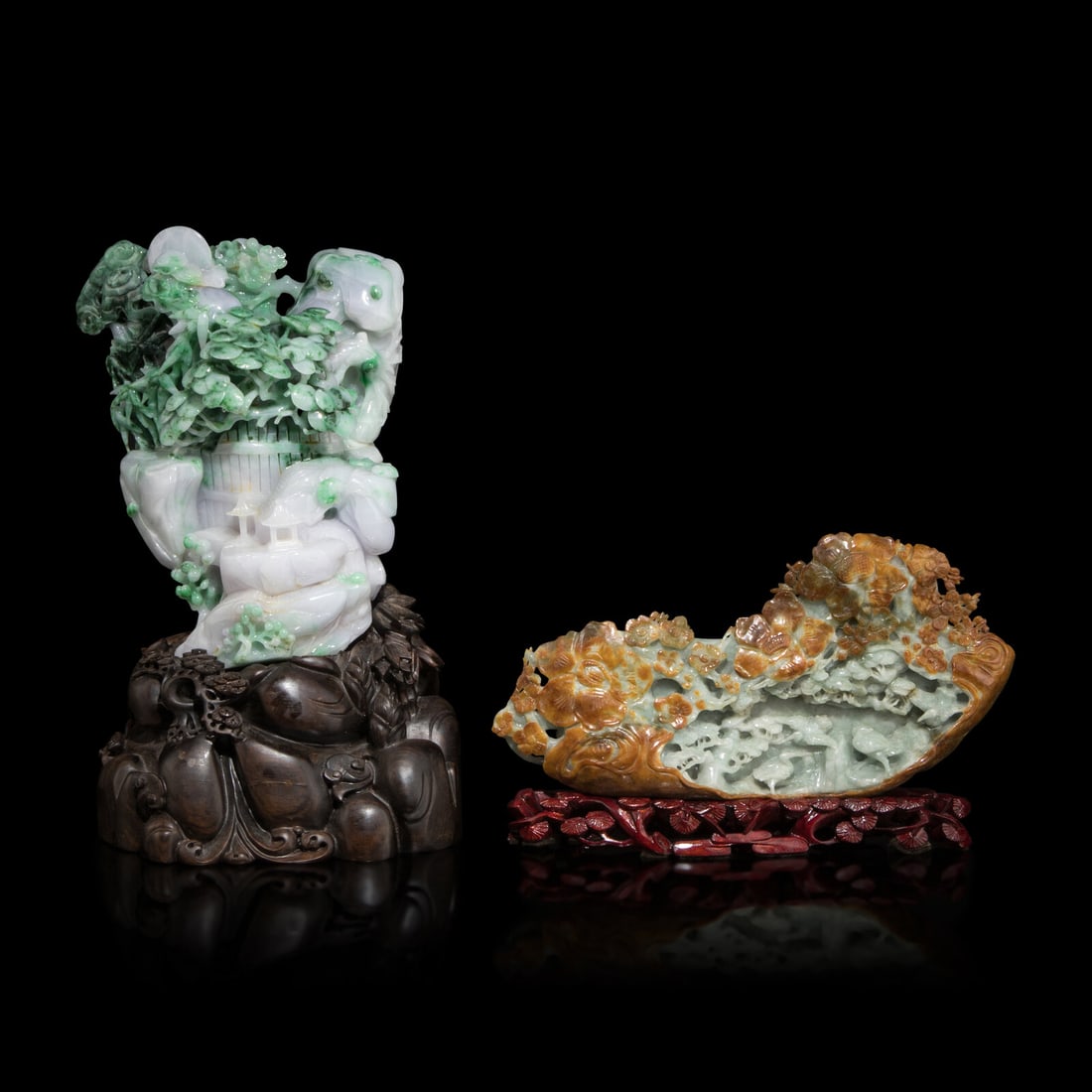 Two Chinese Jade and Jadeite Carvings, 20th Century 近代 翡翠擺件: Two Chinese Jade and Jadeite Carvings, 20th Century 近代 翡翠擺件兩尊 Height of jadeite 10 in., 25.4 cm. Property from the Estate of Ethel Kurland, High
