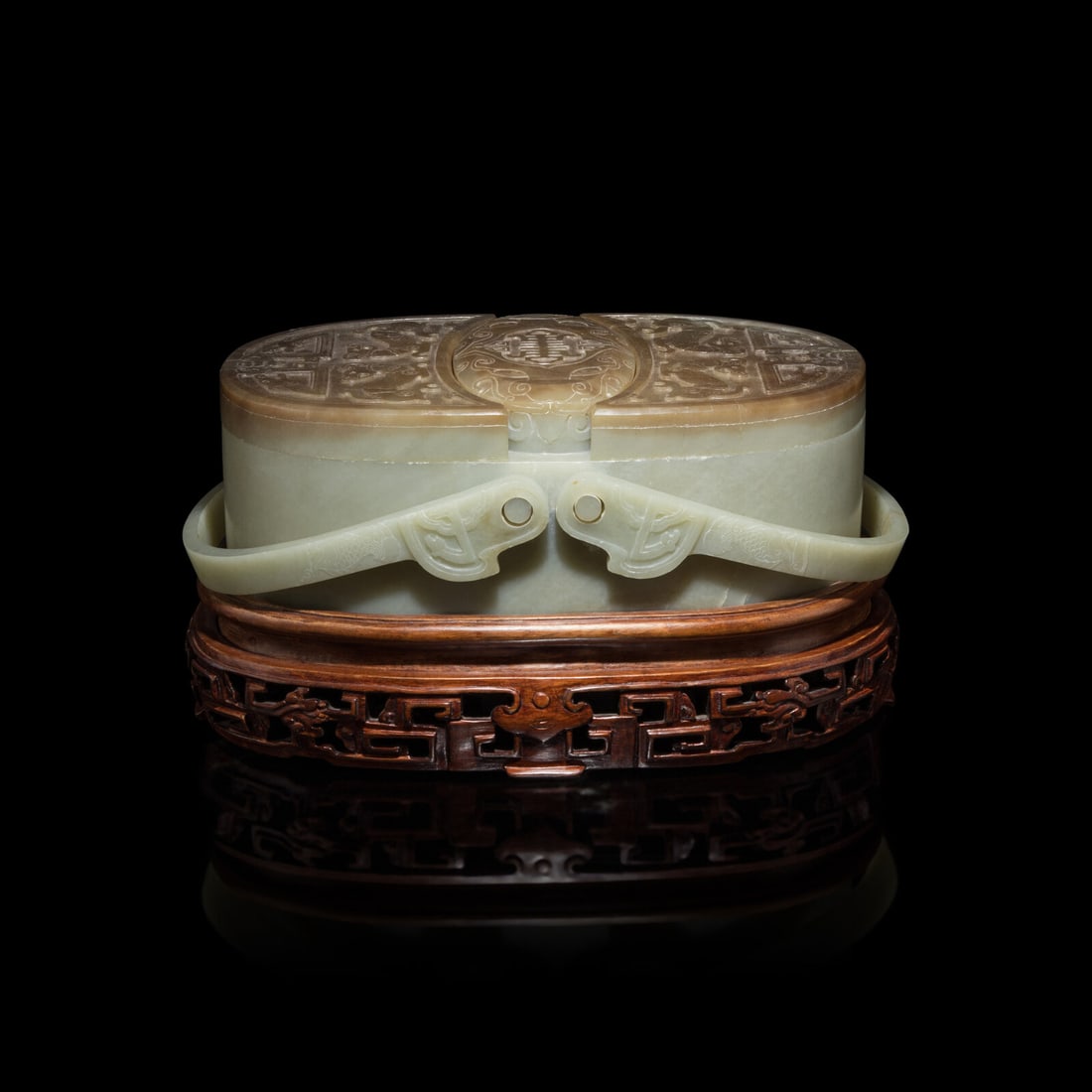 A Chinese Pale Celadon and Russet Jade Box and Cover, 20th Century 近代 青玉 (1 of 3)