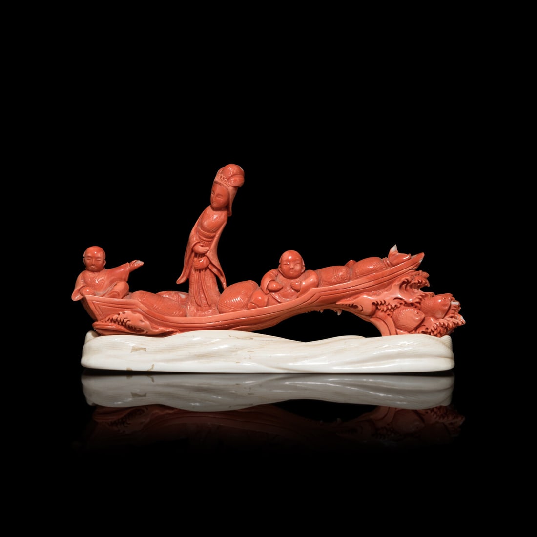 A Chinese Red Coral Carving of a Lady and Two Boys, 19th Century 清晚期 珊 (1 of 4)
