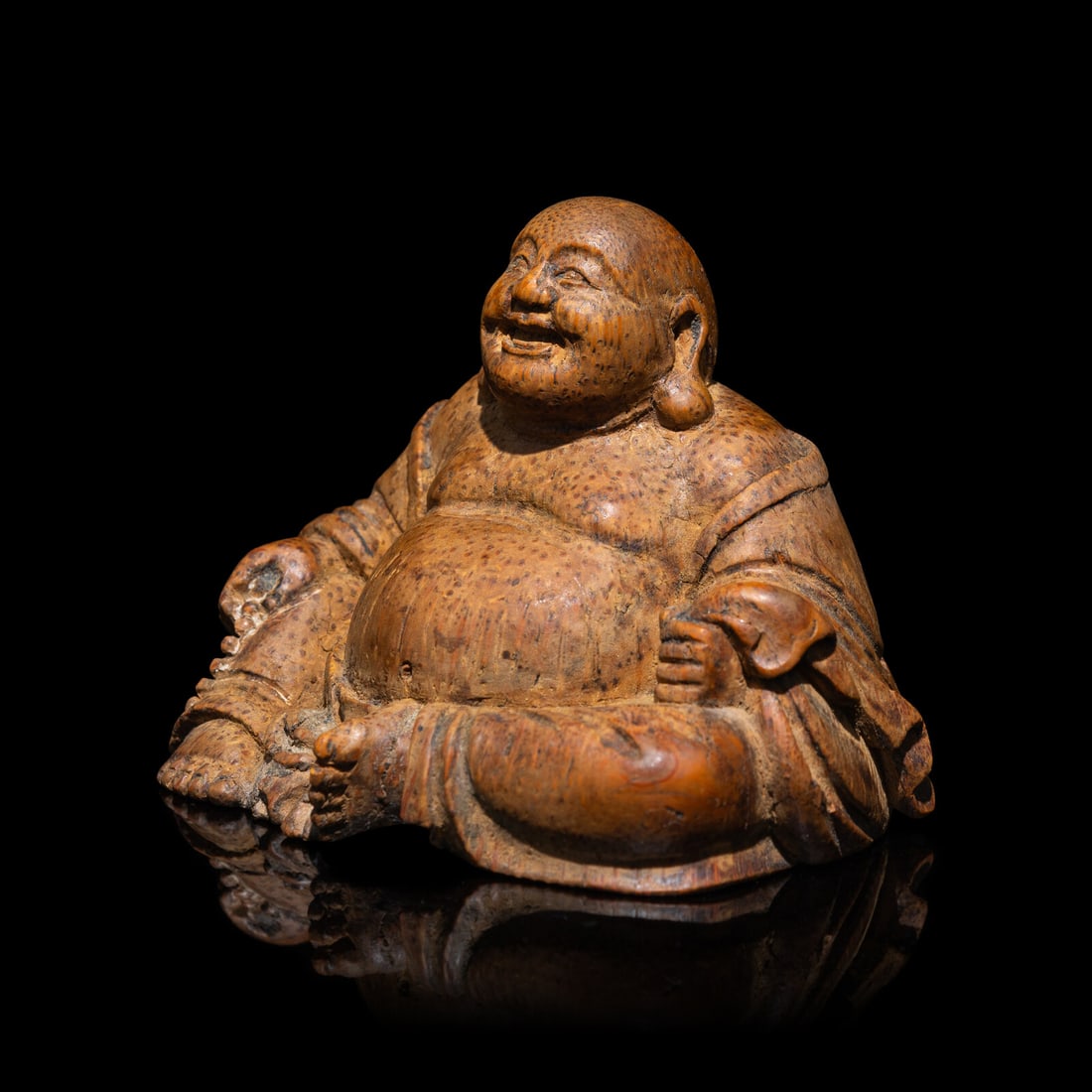 A Chinese Carved Bamboo Figure of Seated Laughing Buddha, Mile, 18th-19th Century 清中 (1 of 5)