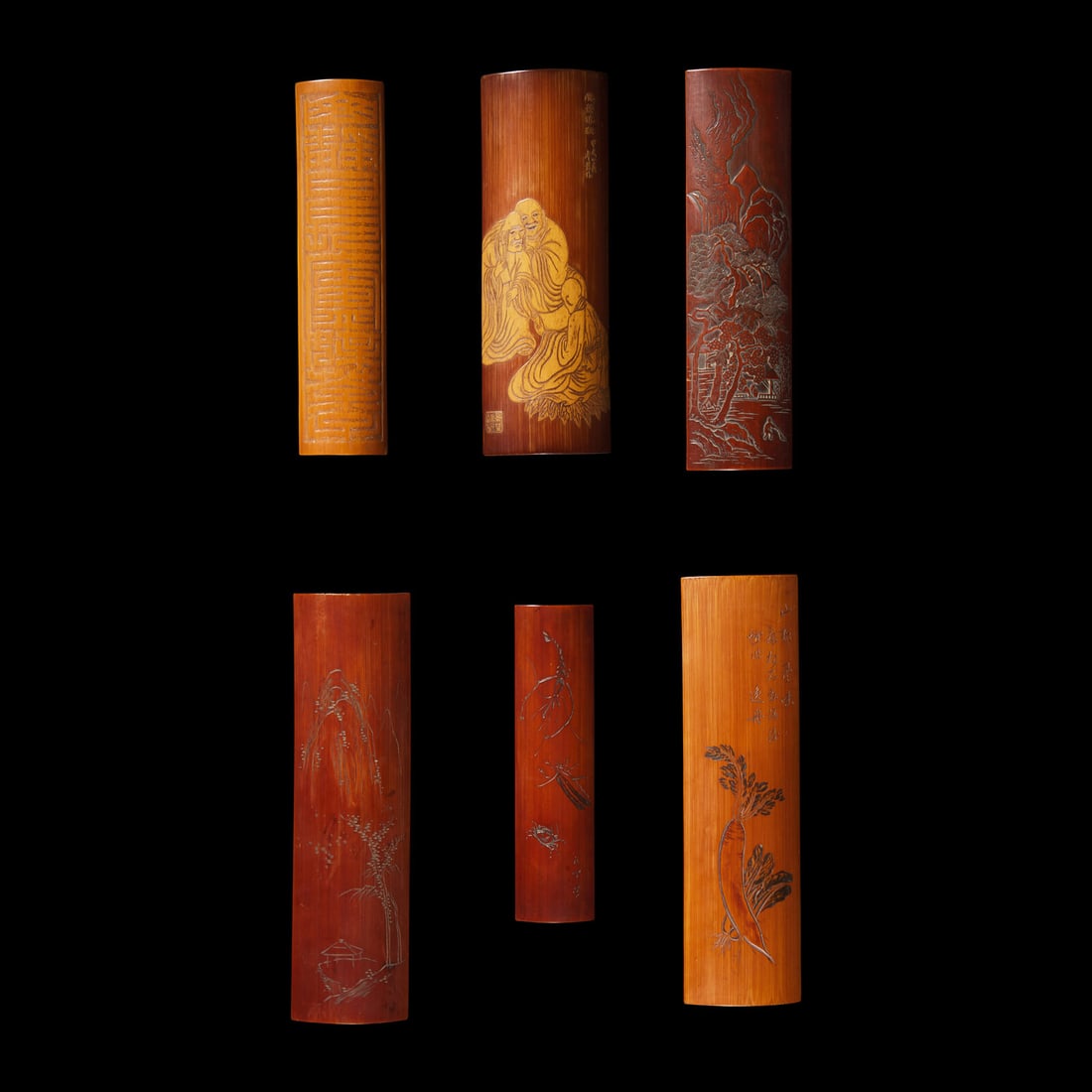A Group of Six Chinese Bamboo Wrist Rests 竹雕臂擱六件 (1 of 5)