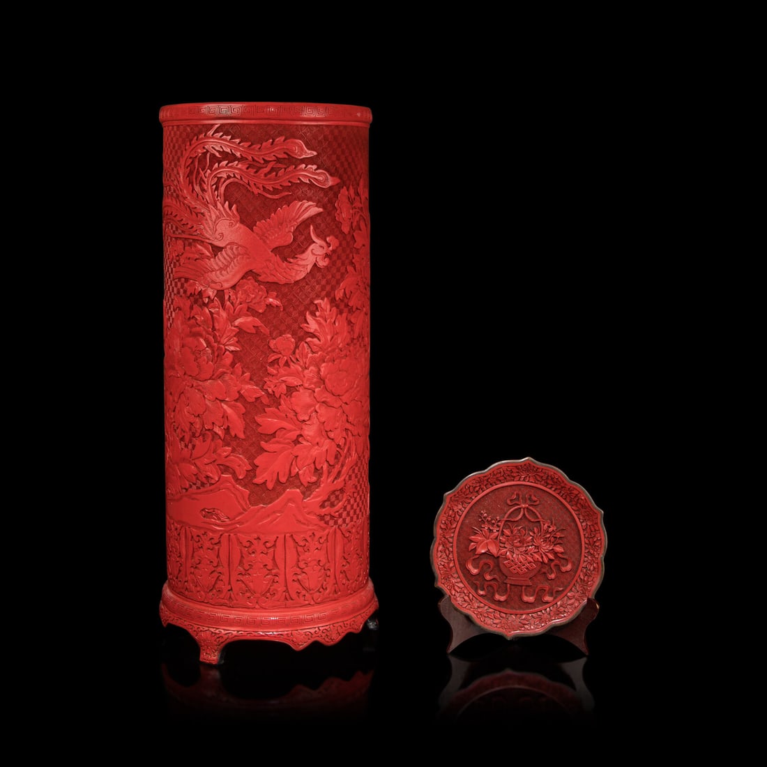 A Chinese Cinnabar Lacquer Umbrella Stand and a Plate, 20th Century 近代 剔紅 (1 of 3)