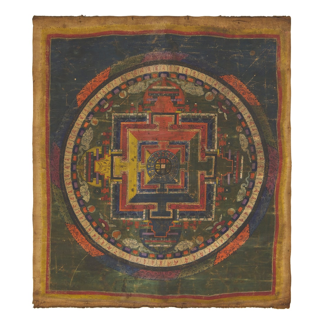 A Tibetan Thangka of a Mandala, 18th/19th Century 十八-十九世紀: A Tibetan Thangka of a Mandala, 18th/19th Century 十八-十九世紀 曼陀羅壇城唐卡 Pigments on cloth, removed from mounting. H