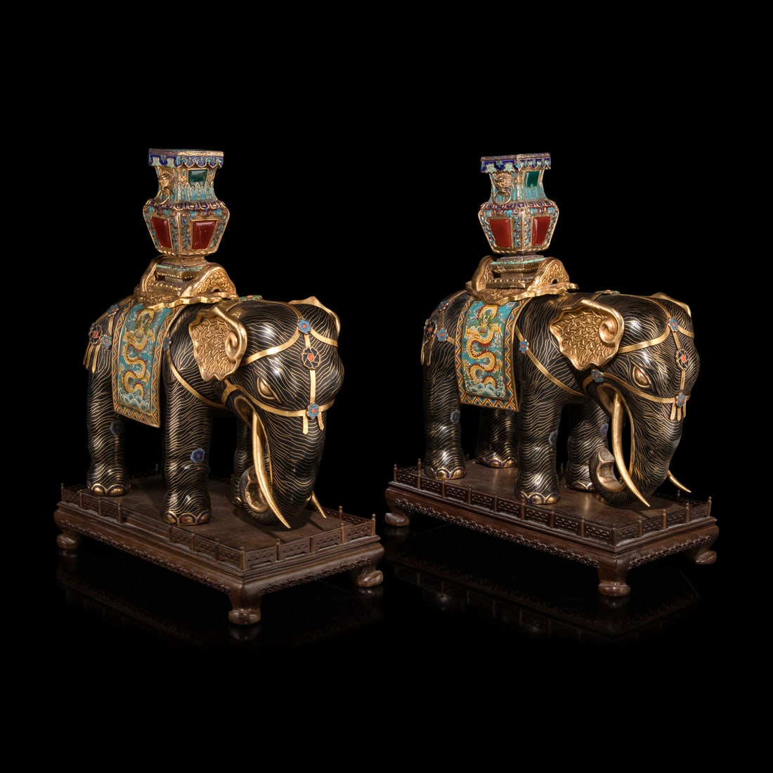 A Pair of Large Chinese Parcel Gilt Bronze and Cloisonne Elephants, 20th Century 近代: A Pair of Large Chinese Parcel Gilt Bronze and Cloisonne Elephants, 20th Century 近代 掐絲琺琅太平有象一對 Height with stand 24