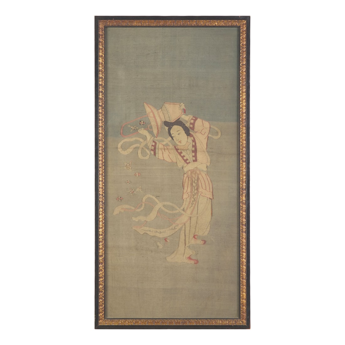 A Chinese Kesi Tapestry Panel of a Female Immortal Scattering a Basket of Flowers, Late Qing Dynasty: A Chinese Kesi Tapestry Panel of a Female Immortal Scattering a Basket of Flowers, Late Qing Dynasty 清晚期 緙絲天女散花挂屏 Framed an