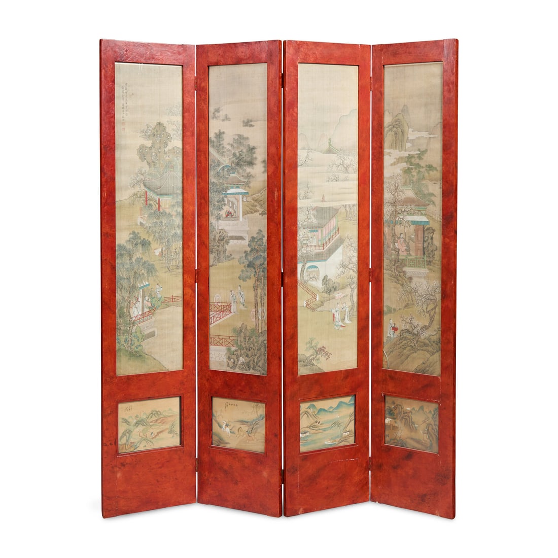 A Chinese Ink and Color on Silk Painting Inset Four-Panel Wood Floor Screen, Painting by Gu Luo (1 of 3)