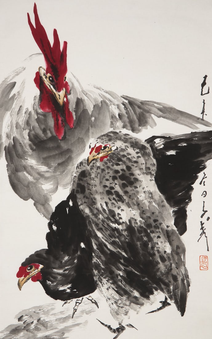 Wang Ziwu (Chinese, 1936-2021) 王子武（1936-2021）: Wang Ziwu (Chinese, 1936-2021) 王子武（1936-2021） Rooster and Hens Ink and color on paper, hanging scroll. Signed and dated winter of lunar year jiwei (1979), with one a