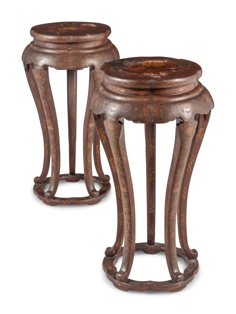 A Pair of Chinese Gilt Highlighted Polychrome Painted Red Lacquered Floriform Incense Stands, (1 of 6)