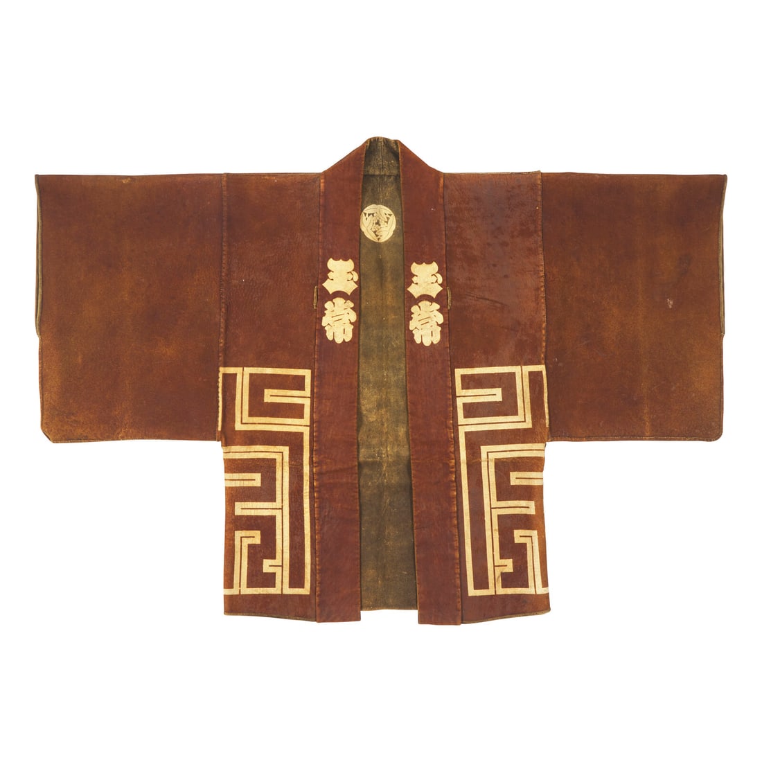A Japanese Deerskin Fireman Jacket, 19th Century: A Japanese Deerskin Fireman Jacket, 19th Century The jacket of dark brown with cream color decoration. Length 34 1/2 x width 49 in., 87.6 x 124.5 cm. Property from a Philadelphia Main Line Collection.