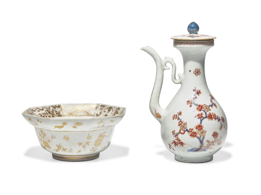 A Japanese Gilt Decorated Porcelain Octagonal Bowl and A Chinese Export Imari Style Sauce Cruet and (1 of 2)