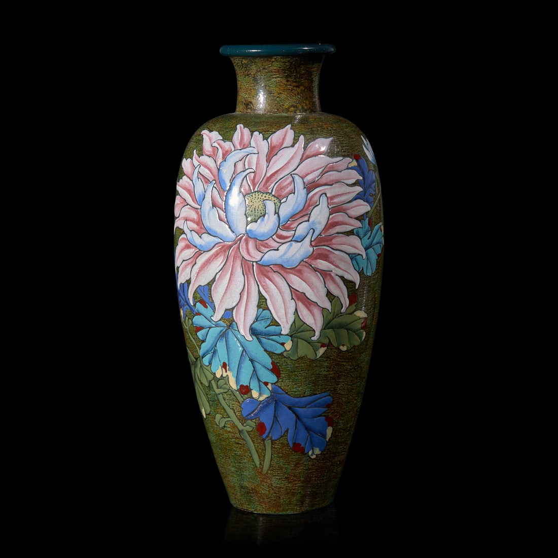 A Large Japanese Enameled Studio Pottery Vase, Tanzan Seikei, Meiji Period: A Large Japanese Enameled Studio Pottery Vase, Tanzan Seikei, Meiji Period Meiji period (1868-1912) The tall ovoid vase with flared lip, painted with stylized chrysanthemum against a textured green gr