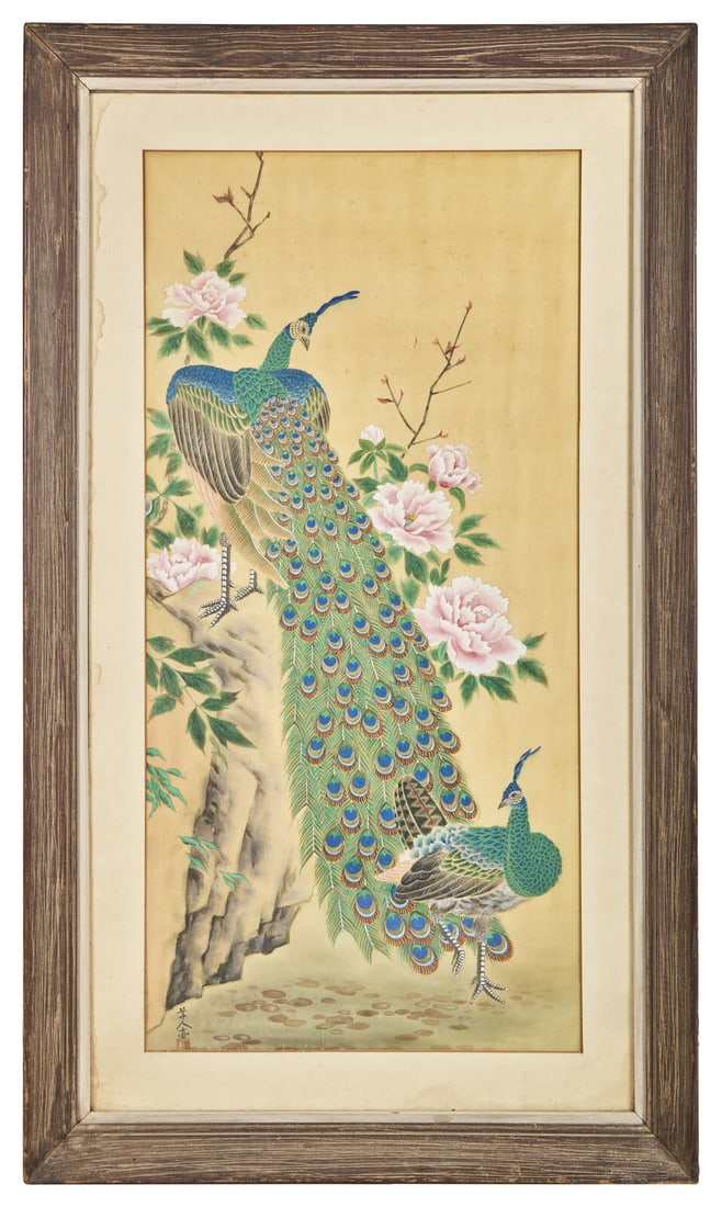 A Japanese 'Peacock' Painting: A Japanese 'Peacock' Painting Ink and color on silk, framed, matted and glazed. Image 45 1/2 x 22 in., 115.6 x 55.9 cm. This lot is located in Philadelphia.