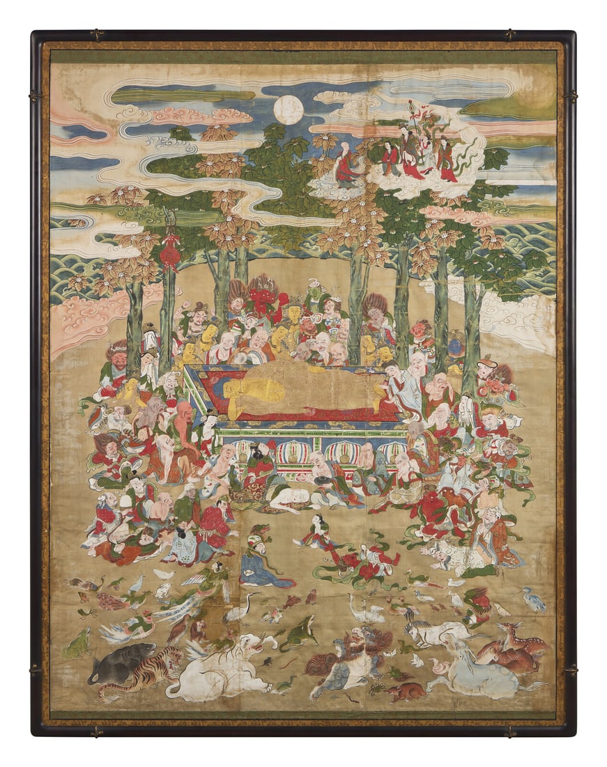 Japanese School, Edo Period, Parinirvana: Japanese School, Edo Period, Parinirvana Opaque colors, gofun and gold on silk, silk mounts, framed and glazed. Image 58 x 45 1/2 in., 147.5 x 115.5 cm. Frame 63 1/2 49 in., 161.3 x 124.5 cm. Property