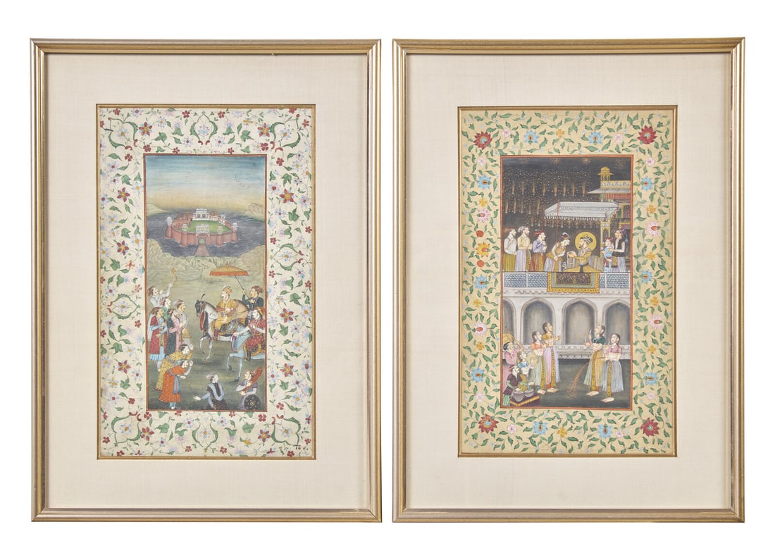 Two Indian Miniature Paintings, 19th Century 十九世紀 印度: Two Indian Miniature Paintings, 19th Century 十九世紀 印度細密畫兩幅 One depicting a greeting scene, with the prince on horseback, his