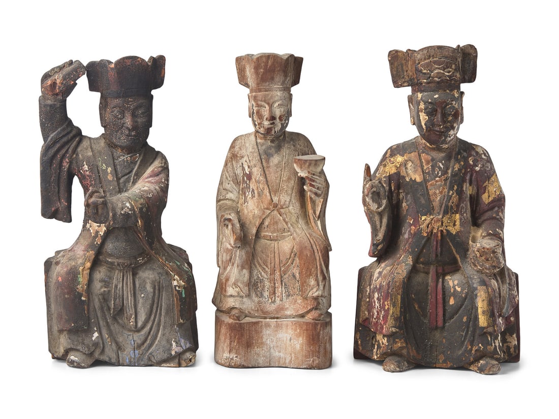 Three Carved Wood Figures of Immortals, Possibly Vietnamese 越南木雕坐 (1 of 2)