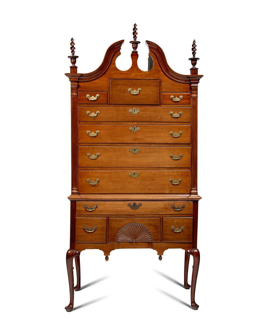 A Queen Anne Carved Walnut Bonnet-Top High Chest of Drawers (1 of 4)
