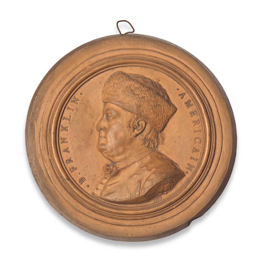 Jean-Baptiste Nini, (Italian, 1717-1786), A Terracotta Medallion of Benjamin Franklin in a Fur Cap (1 of 2)