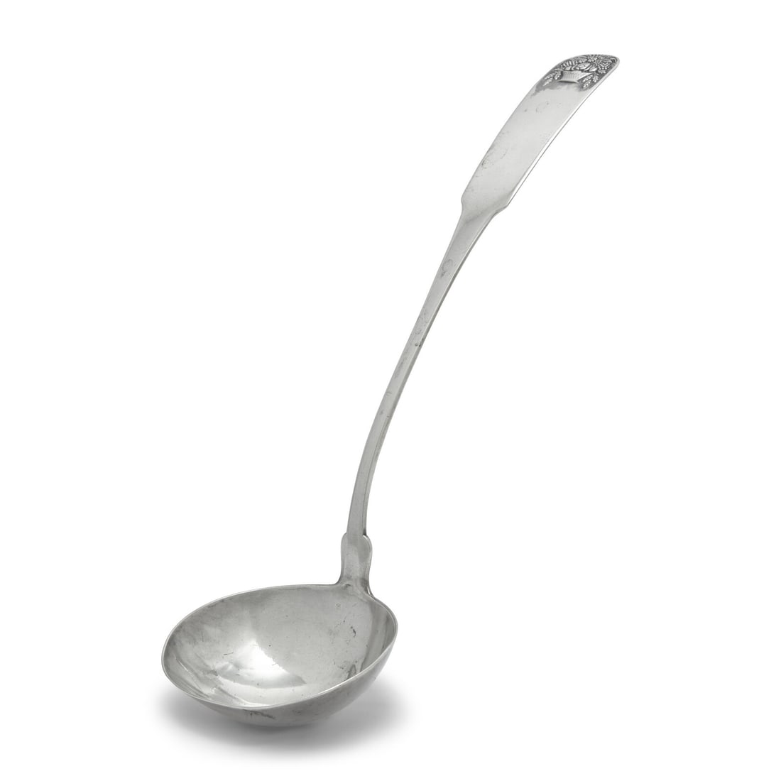 A Southern Federal Coin Silver Fiddle-Back Ladle with Cast Flower Basket: A Southern Federal Coin Silver Fiddle-Back Ladle with Cast Flower Basket David Beach Nichols (1791-1860) & Co., Savannah, Georgia, Circa 1825 marked. Length 13 1/2 inches, Weight: 5.93 oz. t. Prop
