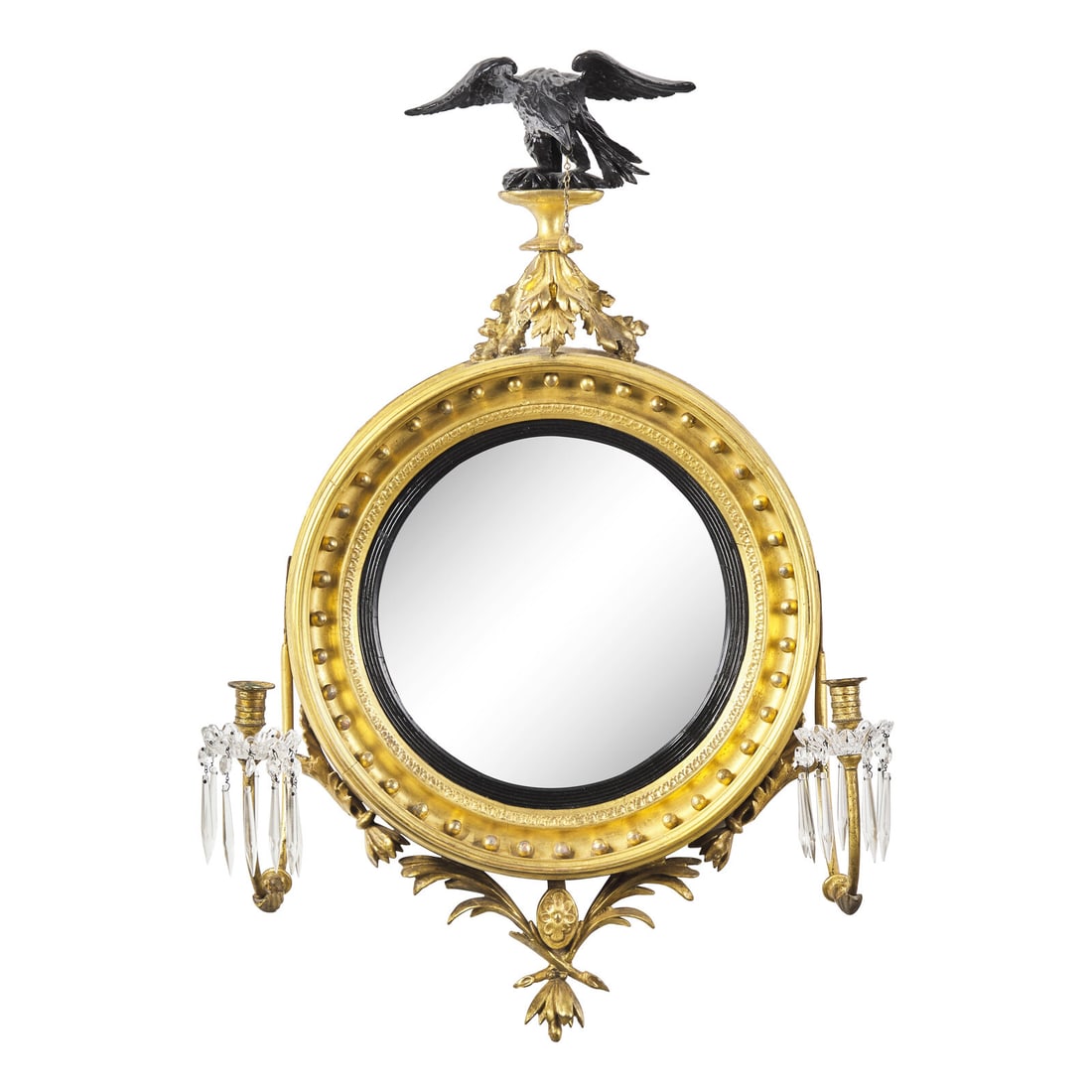 A Classical Carved, Gilt and Parcel Ebonized Two-Light Bull's Eye Girandole Mirror (1 of 3)