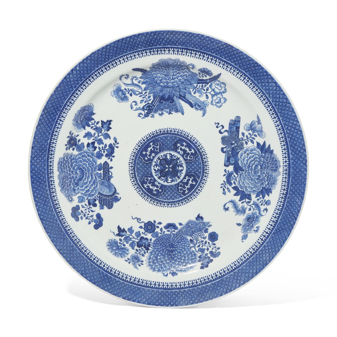A Large Chinese Export Porcelain Blue Fitzhugh Charger: A Large Chinese Export Porcelain Blue Fitzhugh Charger Circa 1800 Diameter 18 1/4 inches. This lot is located in Philadelphia. Provenance: Ex. Polly Latham Asian Art, Boston, Massachusetts, John M. De