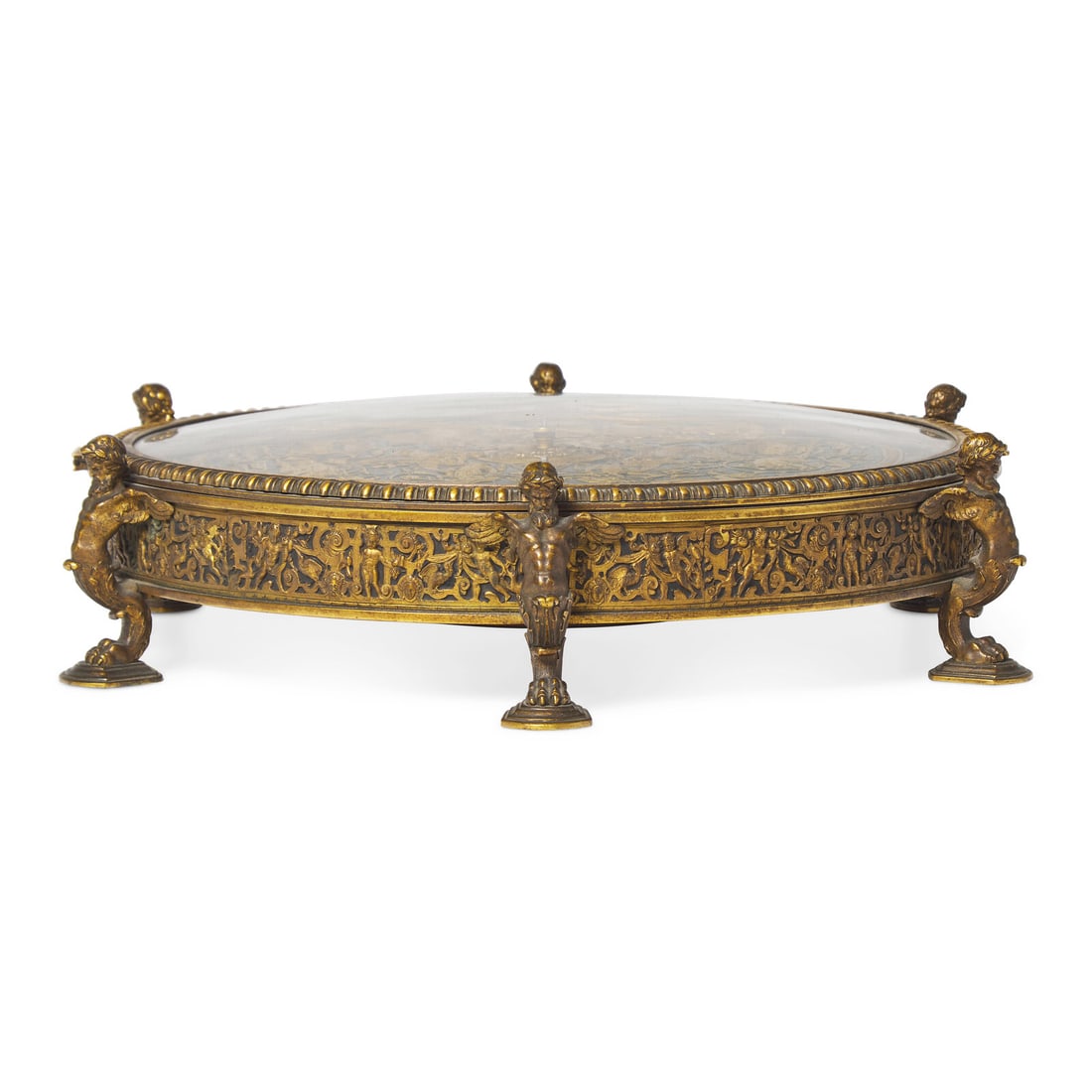 A Renaissance Revival Gilt Bronze and Enamel-Decorated Table Clock: A Renaissance Revival Gilt Bronze and Enamel-Decorated Table Clock Edward F. Caldwell and Co., (active 1895-1959), New York, New York, Early 20th Century the dial and edge frieze cast with mythologica