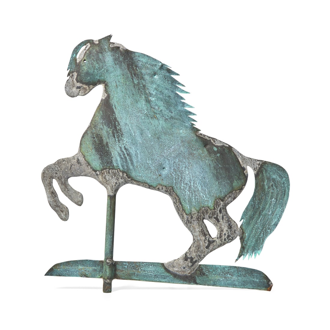 A Patinated Copper Leaping Horse Weathervane: A Patinated Copper Leaping Horse Weathervane New England, 19th Century 18 3/8 x 17 3/4 inches. This lot is located in Philadelphia.