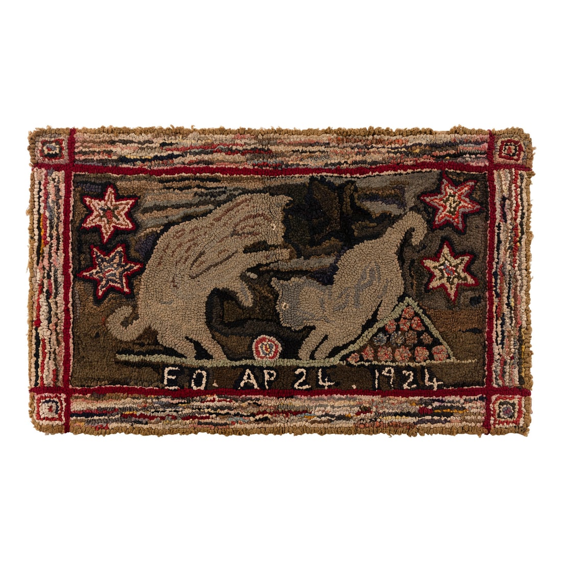 A Rare Signed and Dated Cotton and Wool Hooked Rug: A Rare Signed and Dated Cotton and Wool Hooked Rug Signed and Dated, "E O. Ap 24, 1924" depicting two cats playing with a ball, worked with polychrome fabrics on burlap ground. 23 x 38 1/2 inches. Pro