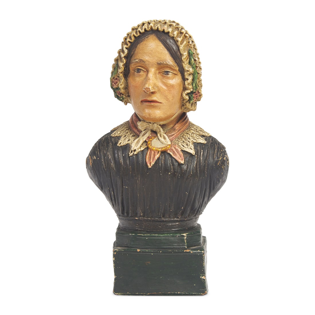 American School 19th Century, A Painted Terracotta Bust of a Lady in Bonnet: American School 19th Century, A Painted Terracotta Bust of a Lady in Bonnet Dated, "1855" rear base incised and dated, "AVS. 1855". Height 12 x width 6 1/2 x depth 4 inches. This lot is located in Phi