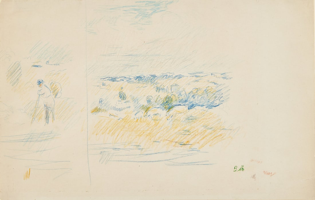 Berthe Morisot (French, 1841-1895) Le Berger et ses Moutons (Vie de Ferme): Berthe Morisot (French, 1841-1895) Le Berger et ses Moutons (Vie de Ferme) colored crayon on paper stamp initialed B.M. (lower right; Lugt 388a) 9 x 13 7/8 in. (22.9 x 35.2cm) Property from Private Co