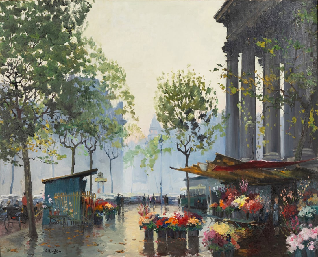 Constantin Kluge (French, 1912-2003) Le Marché aux Fleurs: Constantin Kluge (French, 1912-2003) Le Marché aux Fleurs oil on canvas signed C. Kluge- (lower left) 32 x 39 1/2 in. (81.3 x 99.7cm) Property of a California Collector This lot is located in Chi