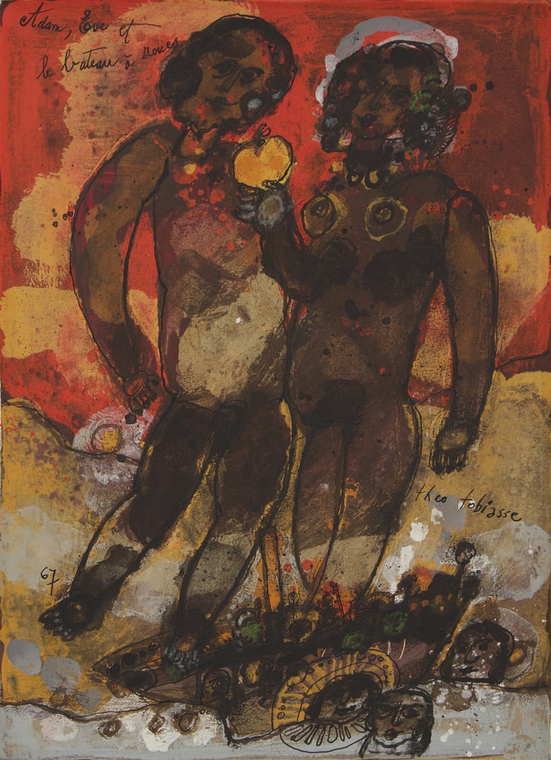 Théo Tobiasse (French, 1927-2012) Adam, Ève et le Bateau à Roues, 1967: Théo Tobiasse (French, 1927-2012) Adam, Ève et le Bateau à Roues, 1967 ink and gouache on paper laid down to card signed theo tobiasse (lower right); dated (lower left); titled (upper l