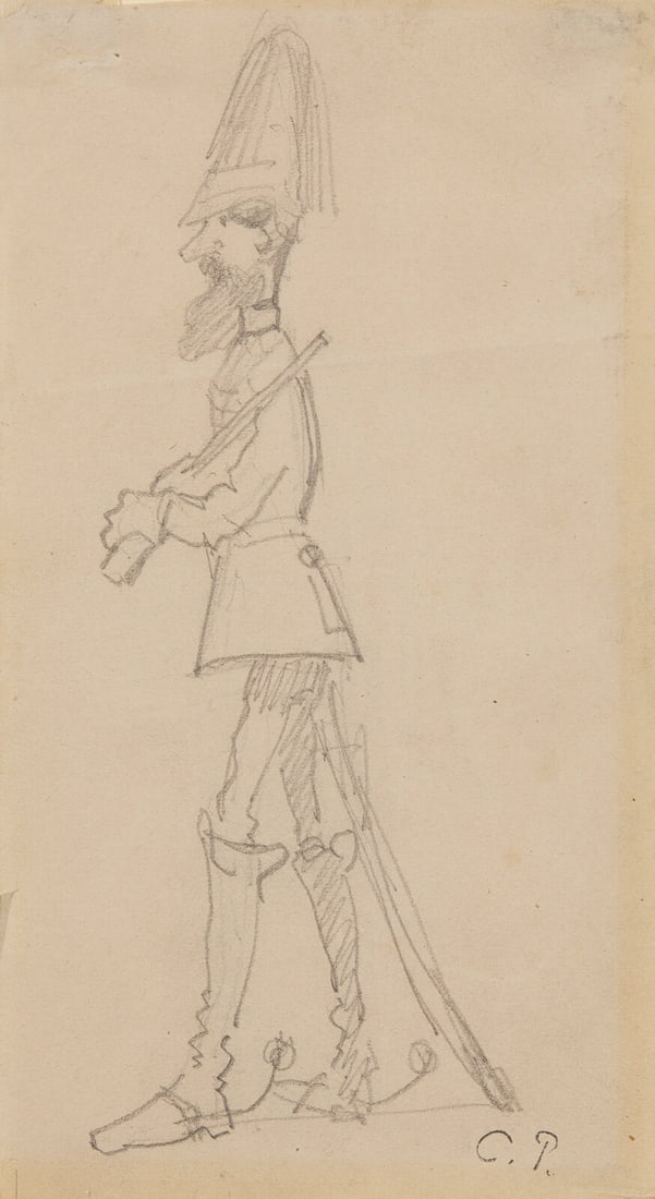 Camille Pissarro (Danish/French, 1830-1903) Soldat Barbu de Profil: Camille Pissarro (Danish/French, 1830-1903) Soldat Barbu de Profil pencil on paper stamp initialed C.P. (lower right; Lugt 613e) sheet size: 5 1/2 x 3 in. (14 x 7.6cm) Property from Private Collection