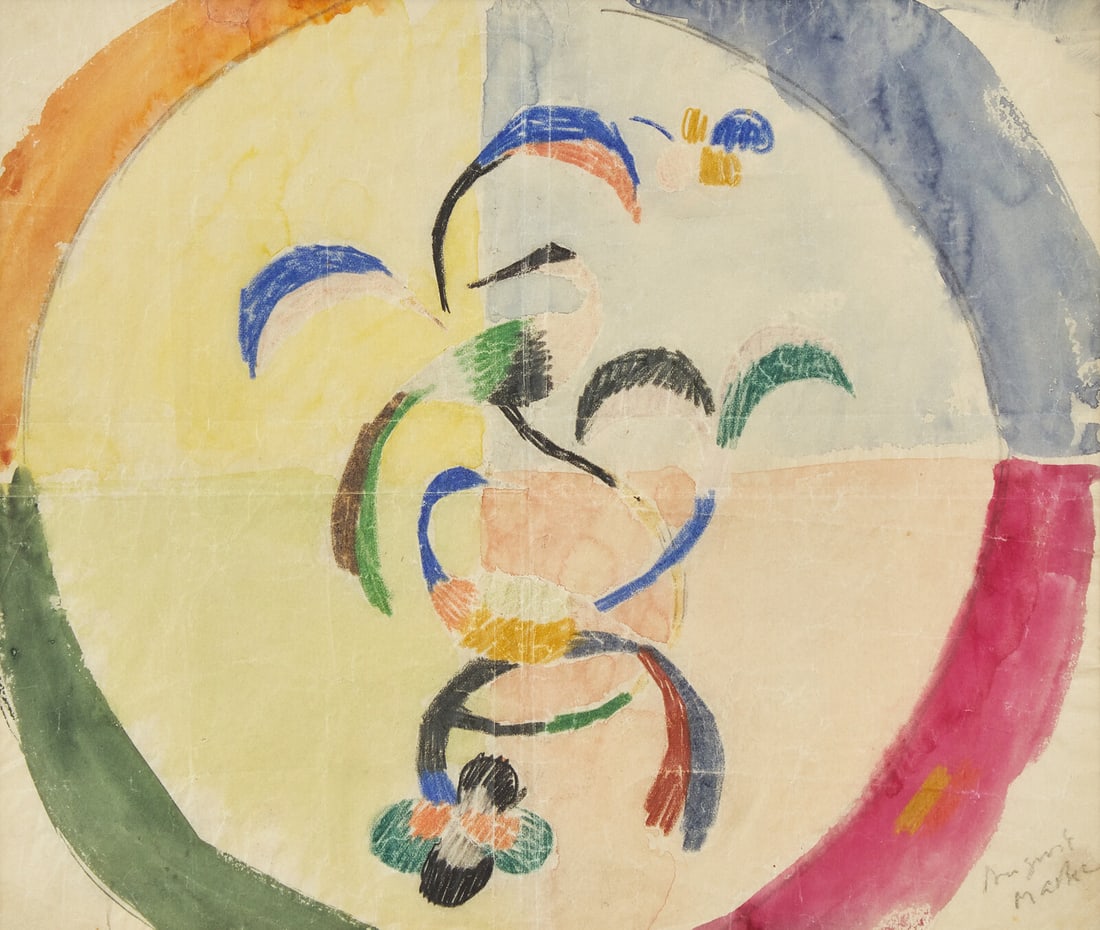 August Macke (German, 1887-1914) Entwurf für Stickerei (Design for Embroidery), 1913: August Macke (German, 1887-1914) Entwurf für Stickerei (Design for Embroidery), 1913 watercolor and colored wax crayons on tracing paper signed August/Macke (lower right) 10 5/8 x 12 3/8 in. (26.