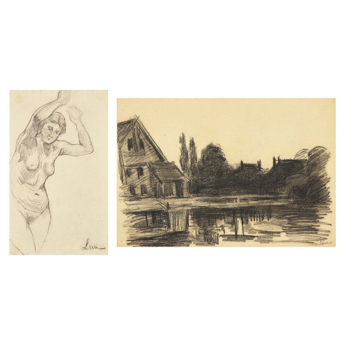 Maximilien Luce (French, 1858-1941) Nu aux Bras Levés; Together with a Companion (Two Works): Maximilien Luce (French, 1858-1941) Nu aux Bras Levés; Together with a Companion (Two Works) graphite and charcoal on paper each signed Luce (lower right) larger: 8 1/2 x 12 3/8 in. (21.6 x 31.4c