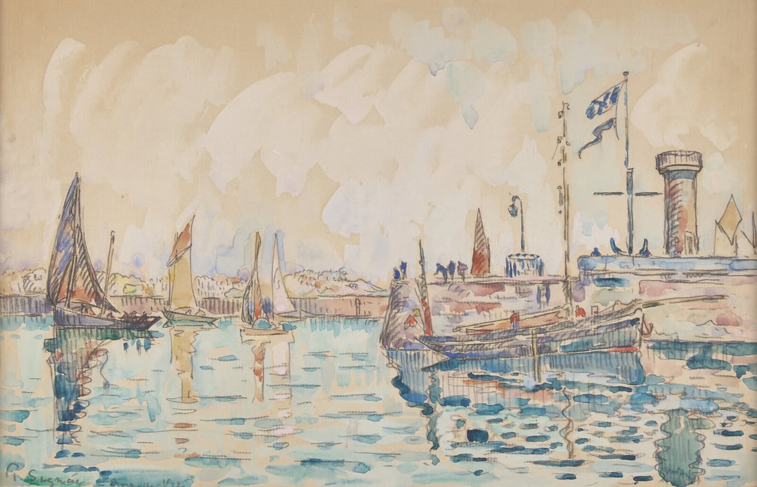 Paul Signac (French, 1863-1935) Le Port de Saint Gilles Croix-de-Vie: Paul Signac (French, 1863-1935) Le Port de Saint Gilles Croix-de-Vie watercolor, gouache and charcoal on laid paper signed and located Paul Signac - Croix-de-vie (lower left) The present Lot will be o