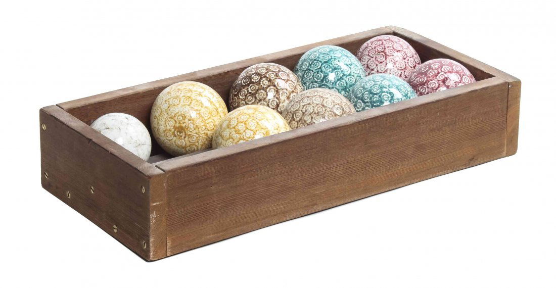 A Set of Eight English Earthenware Carpet Balls, Circum: A Set of Eight English Earthenware Carpet Balls, in game box. Circumference of balls 10 1/2 inches.