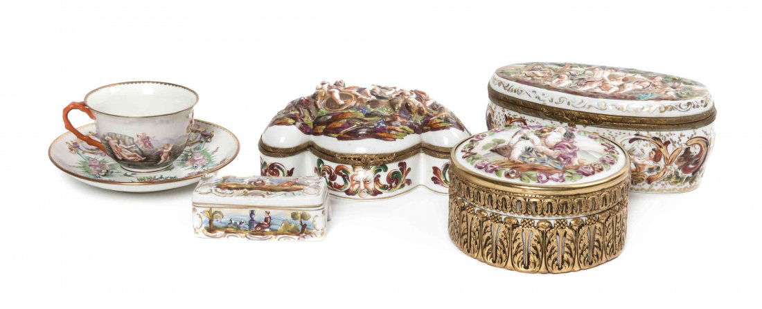 A Group of Five Capodimonte Porcelain Table Articles, H: A Group of Five Capodimonte Porcelain Table Articles, comprising three gilt metal table caskets, one of oval form having classical figures with musical instruments, one of circular form with a putti p