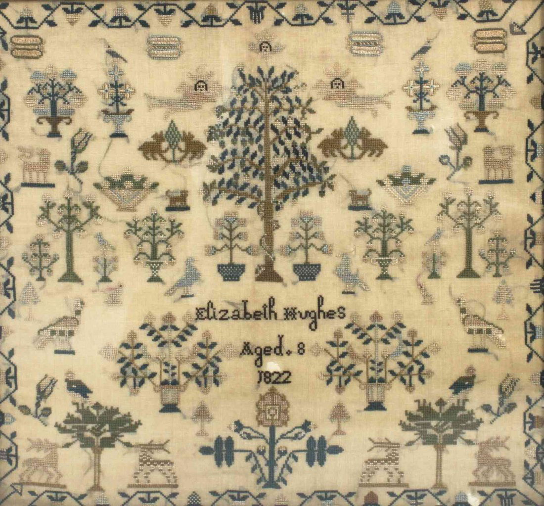 An American Needlepoint Sampler, Height 11 1/4 inches x: An American Needlepoint Sampler, 1822, Elizabeth Hughes, age 8, having central decoration of a tree flanked by three angels and surrounded by flowering plants, birds, deer and dogs with a floral and f