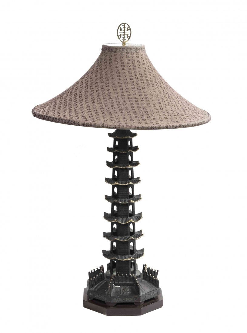 A Frederick Cooper Brass Table Lamp, Height 30 1/4 inch: A Frederick Cooper Brass Table Lamp, the base of pagoda form, set with a shade decorated with calligraphic motifs. Height 30 1/4 inches.