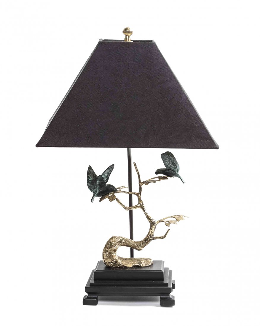 A Frederick Cooper Patinated and Gilt Brass Table Lamp,: A Frederick Cooper Patinated and Gilt Brass Table Lamp, the base in the form of a branch and two birds, terminating in square feet. Height 26 3/4 inches.