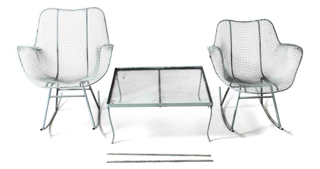 A Pair of Wire Chairs and Low Table, Harry Bertoia, for: A Pair of Wire Chairs and Low Table, Harry Bertoia, for Knoll, each having a wire back, seat and rocking legs together with a wire square table. Height 26 1/2 inches.