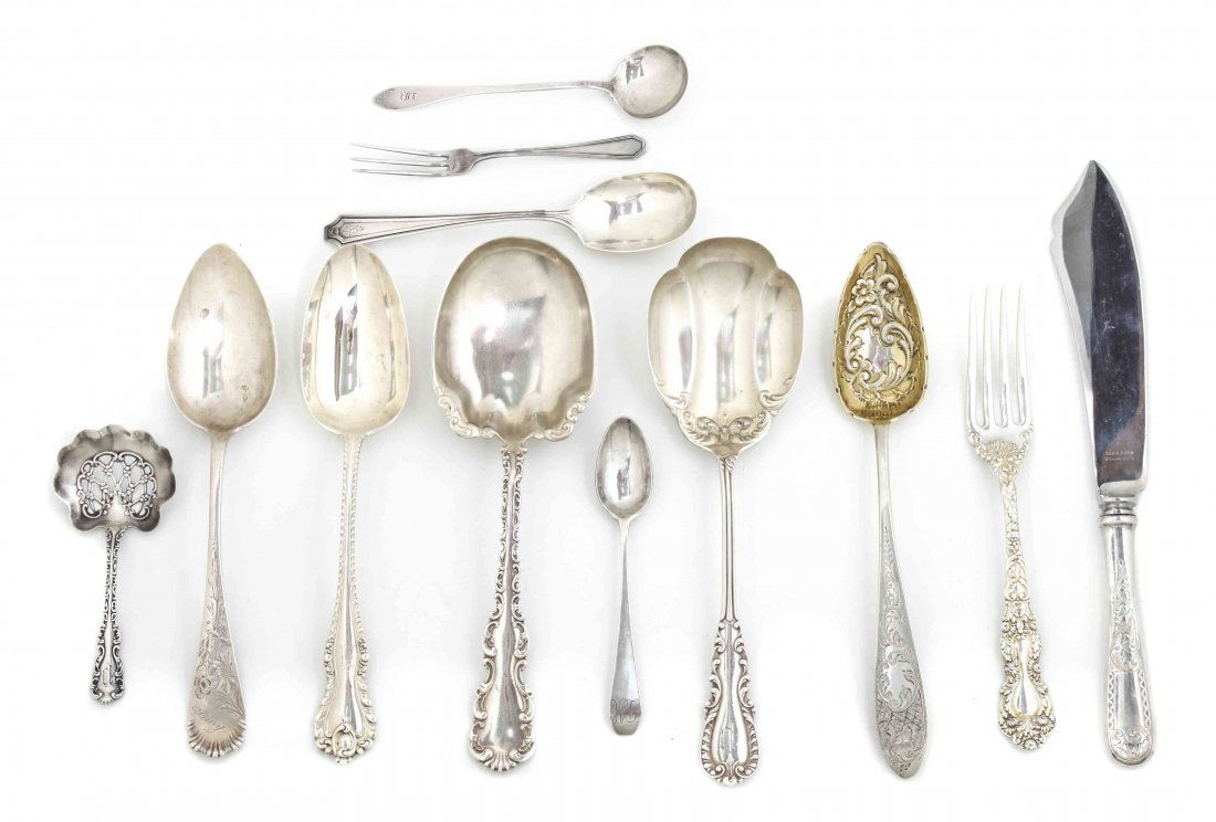 A Collection of American Sterling Silver Flatware Artic: A Collection of American Sterling Silver Flatware Articles, comprising a Whiting casserole server and a bonbon spoon in the Louis XV pattern, a Reed & Barton casserole server in the Majestic pattern,