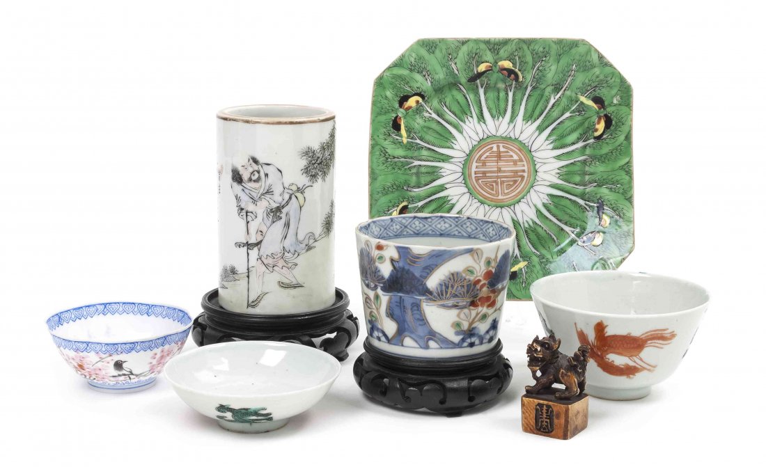 A Collection of Chinese Porcelain Articles, Width of di: A Collection of Chinese Porcelain Articles, comprising a polychrome enameled dish, an eggshell porcelain bowl, a cylindrical cup, a covered rice bowl and a brushpot, together with a carved seal surmou