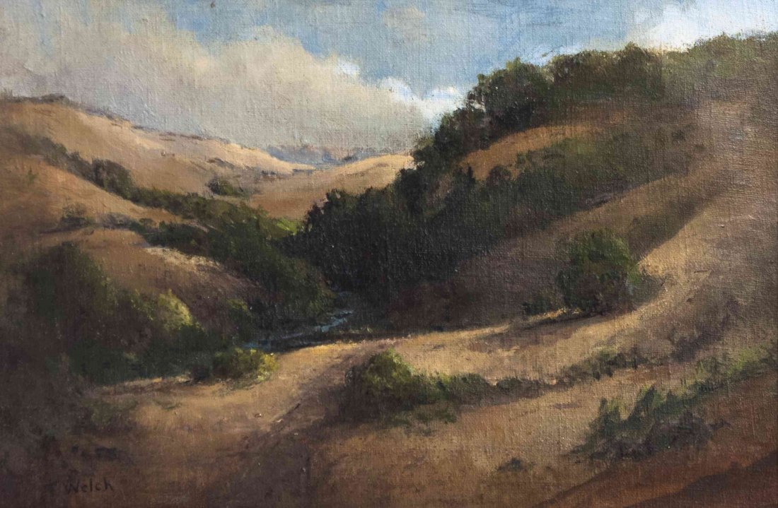 Thaddeus Welch, (American, 1844-1919), Landscape: Thaddeus Welch (American, 1844-1919) Landscape oil on canvas signed T. Welch (lower left) 11 1/2 x 17 1/2 inches.