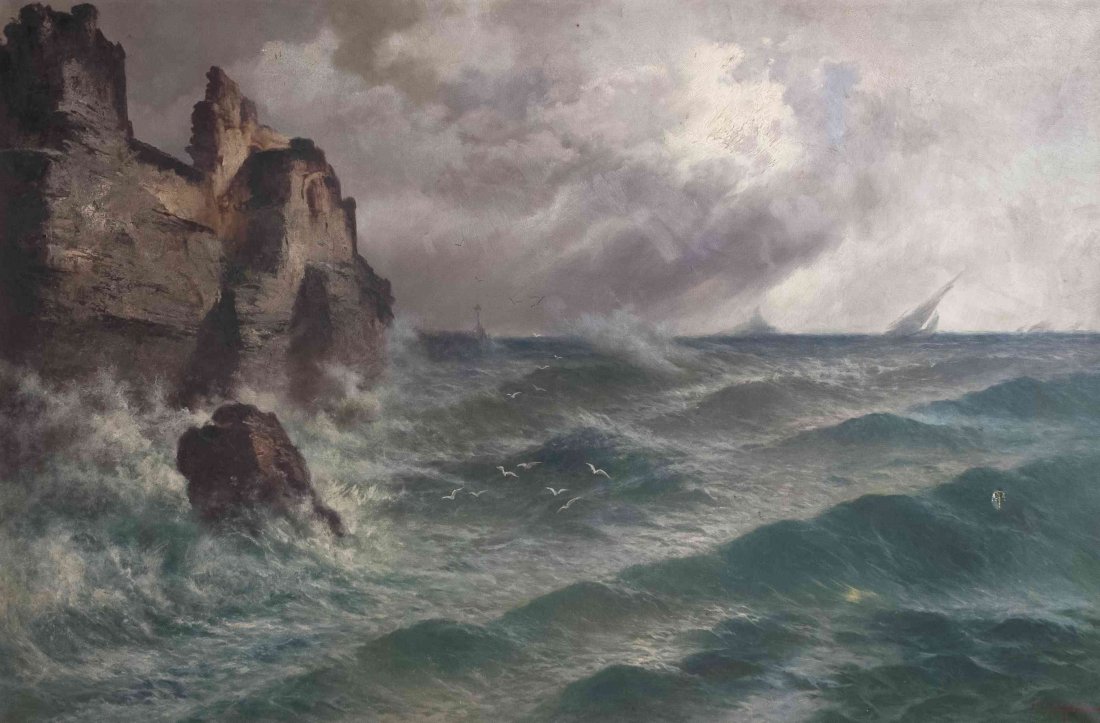 John Edmund Califano, (American/Italian, 1864-1946), Se: John Edmund Califano (American/Italian, 1864-1946) Seascape oil on canvas signed J.Califano (lower right) 40 x 59 1/2 inches. Property from the Estate of Castella Ellen Wedgeworth, De