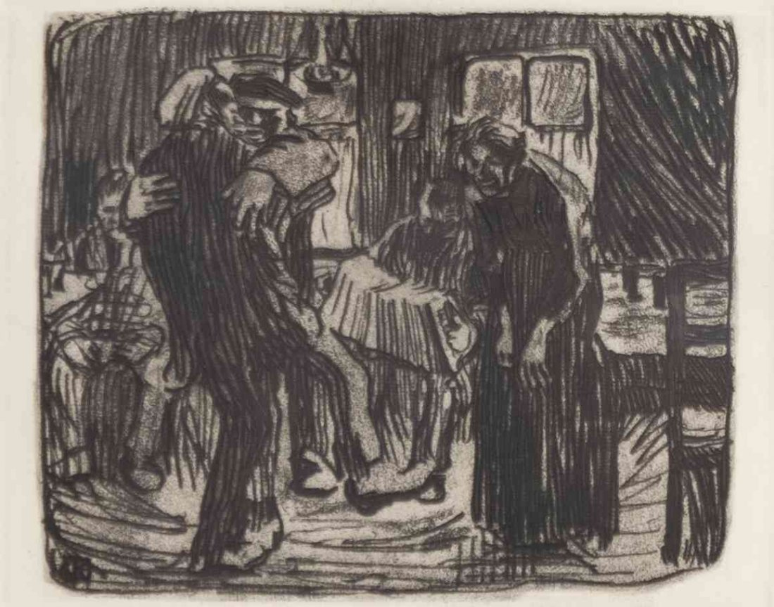 Kathe Kollwitz, (German, 1867-1945), Hamburger Kneipe, : Kathe Kollwitz (German, 1867-1945) Hamburger Kneipe, 1901 etching signed in the plate KK (lower left) 7 3/4 x 9 3/4 inches.