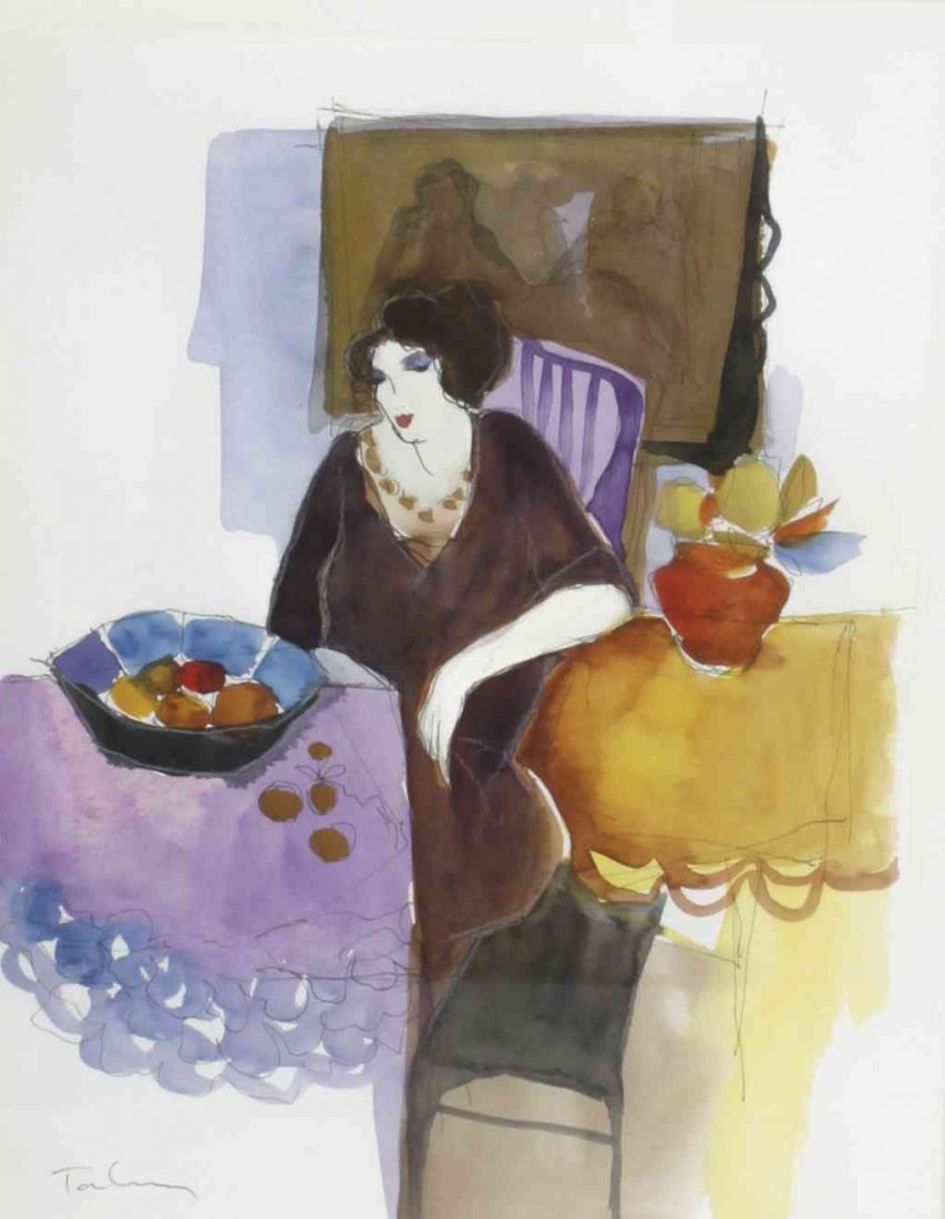 Itzchak Tarkay, (Serbian/Israeli, 1935-2012), Fond Memo: Itzchak Tarkay (Serbian/Israeli, 1935-2012) Fond Memories, 1991 ink and watercolor signed Tarkay (lower left) 11 3/4 x 8 3/4 inches.